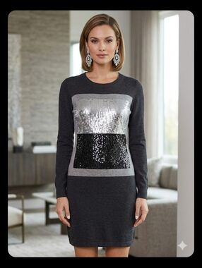 Calvin Klein Charcoal Knit Dress with Silver & Black Sequin Panels 18 inch p2p